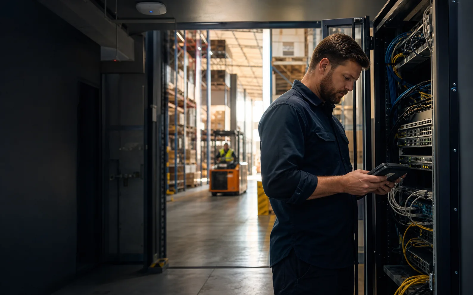 Network technician checking infrastructure in a working distribution centre